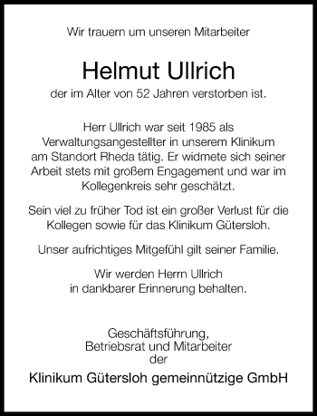 Anzeige  Helmut Ullrich  Lippische Landes-Zeitung