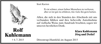 Anzeige  Rolf Kuhlemann  Lippische Landes-Zeitung