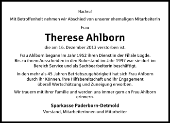 Anzeige  Therese Ahlborn  Lippische Landes-Zeitung