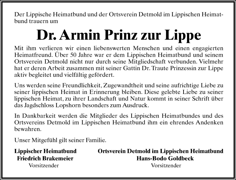  Traueranzeige für Armin Prinz zur Lippe vom 29.08.2015 aus Lippische Landes-Zeitung