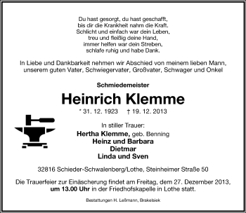 Anzeige  Heinrich Klemme  Lippische Landes-Zeitung