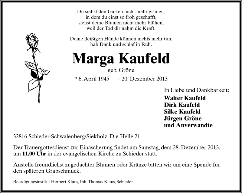  Traueranzeige für Marga Kaufeld vom 23.12.2013 aus Lippische Landes-Zeitung