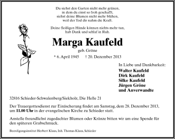 Anzeige  Marga Kaufeld  Lippische Landes-Zeitung