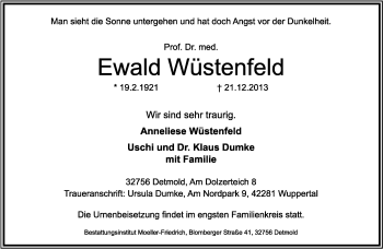 Anzeige  Ewald Wüstenfeld  Lippische Landes-Zeitung