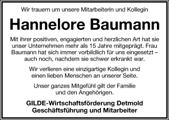 Anzeige  Hannelore Baumann  Lippische Landes-Zeitung