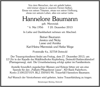 Anzeige  Hannelore Baumann  Lippische Landes-Zeitung