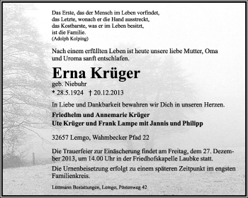 Anzeige  Erna Krüger  Lippische Landes-Zeitung