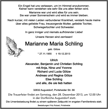 Anzeige  Marianne Maria Schling  Lippische Landes-Zeitung