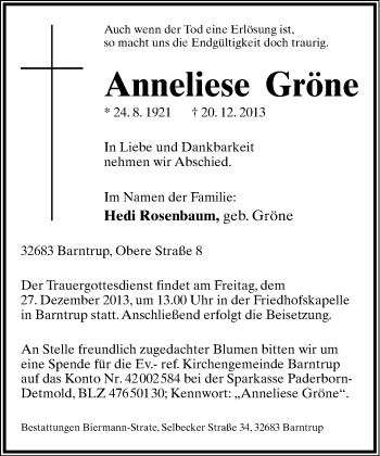 Anzeige  Anneliese Gröne  Lippische Landes-Zeitung