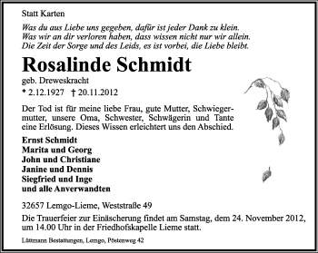 Anzeige  Rosalinde Schmidt  Lippische Landes-Zeitung