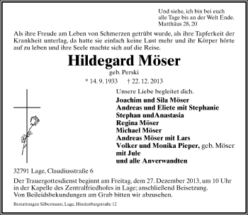 Anzeige  Hildegard Möser  Lippische Landes-Zeitung