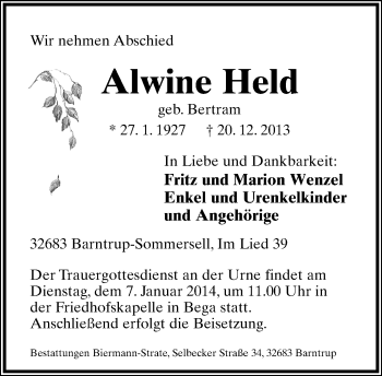 Anzeige  Alwine Held  Lippische Landes-Zeitung