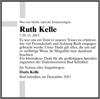 Anzeige  Ruth Kelle  Lippische Landes-Zeitung