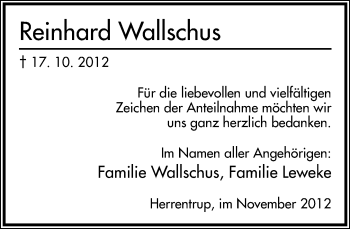 Anzeige  Reinhard Wallschus  Lippische Landes-Zeitung