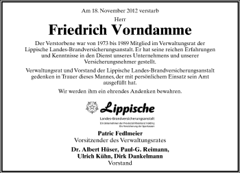 Anzeige  Friedrich Vorndamme  Lippische Landes-Zeitung