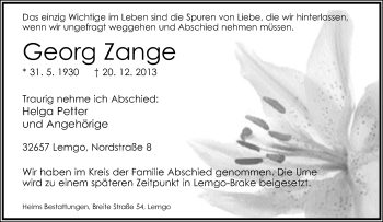 Anzeige  Georg Zange  Lippische Landes-Zeitung
