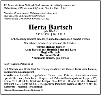 Anzeige  Herta Bartsch  Lippische Landes-Zeitung