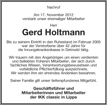 Anzeige  Gerd Holtmann  Lippische Landes-Zeitung