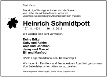 Anzeige  Heinrich Schmidtpott  Lippische Landes-Zeitung