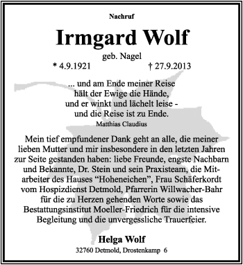 Anzeige  Irmgard Wolf  Lippische Landes-Zeitung