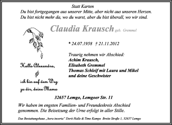 Anzeige  Claudia Krausch  Lippische Landes-Zeitung