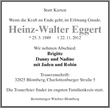 Anzeige  Heinz-Walter Eggert  Lippische Landes-Zeitung