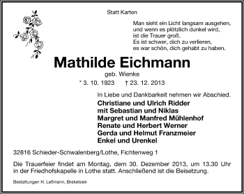 Anzeige  Mathilde Eichmann  Lippische Landes-Zeitung