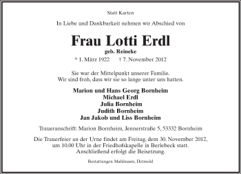 Anzeige  Lotti Erdl  Lippische Landes-Zeitung