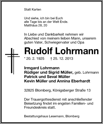 Anzeige  Rudolf Lohrmann  Lippische Landes-Zeitung
