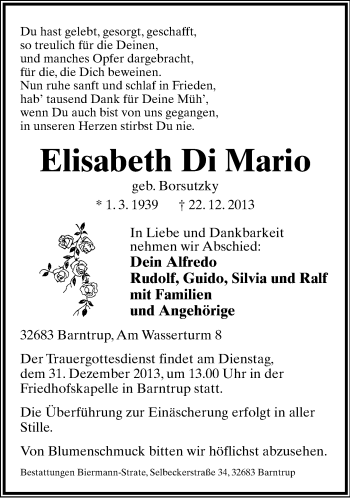Anzeige  Elisabeth Di Mario  Lippische Landes-Zeitung
