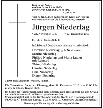 Anzeige  Jürgen Niederlag  Lippische Landes-Zeitung