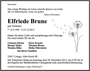 Anzeige  Elfriede Brune  Lippische Landes-Zeitung