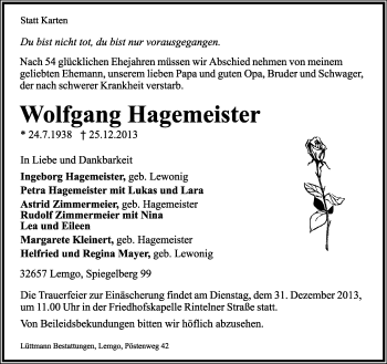 Anzeige  Wolfgang Hagemeister  Lippische Landes-Zeitung