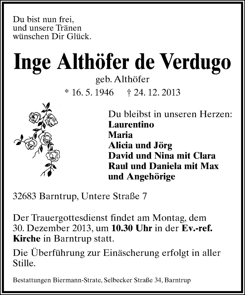  Traueranzeige für Inge Althöfer De Verdugo vom 28.12.2013 aus Lippische Landes-Zeitung