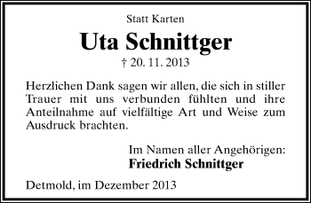 Anzeige  Uta Schnittger  Lippische Landes-Zeitung
