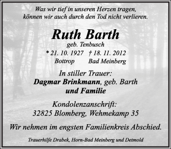 Anzeige  Ruth Barth  Lippische Landes-Zeitung