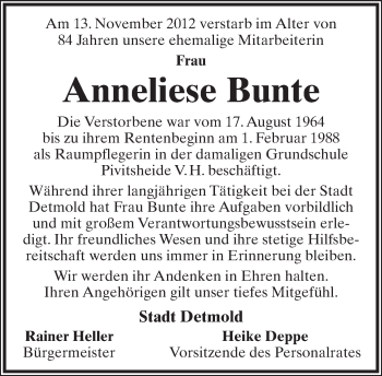 Anzeige  Anneliese Bunte  Lippische Landes-Zeitung