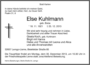 Anzeige  Else Kuhlmann  Lippische Landes-Zeitung