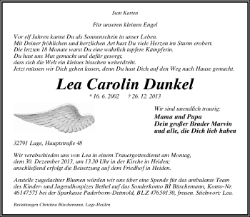 Anzeige  Lea Carolinl Dunkel  Lippische Landes-Zeitung