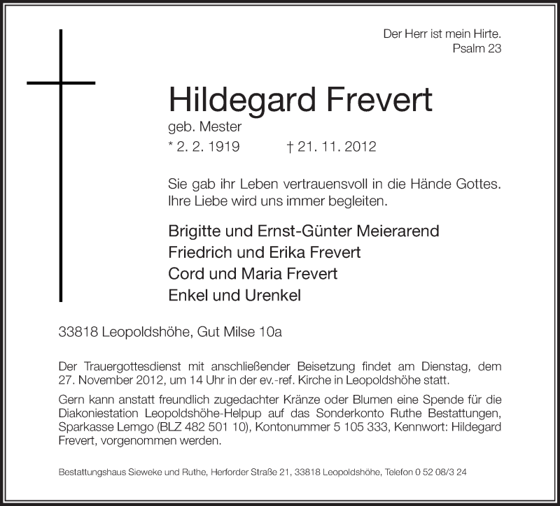  Traueranzeige für Hildegard Frevert vom 24.11.2012 aus Lippische Landes-Zeitung