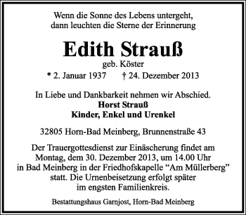 Anzeige  Edith Strauß  Lippische Landes-Zeitung