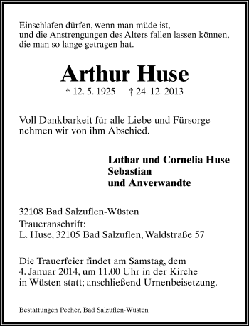 Anzeige  Arthur Huse  Lippische Landes-Zeitung