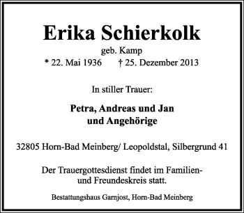 Anzeige  Erika Schierkolk  Lippische Landes-Zeitung