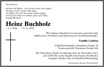 Anzeige  Heinz Buchholz  Lippische Landes-Zeitung