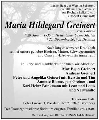 Anzeige  Maria Hildegard Greinert  Lippische Landes-Zeitung