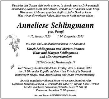 Anzeige  Anneliese Schlingmann  Lippische Landes-Zeitung