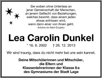 Anzeige  Lea Carolin Dunkel  Lippische Landes-Zeitung