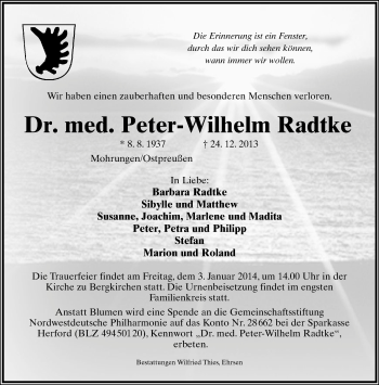 Anzeige  Peter-Wilhelm Radtke  Lippische Landes-Zeitung