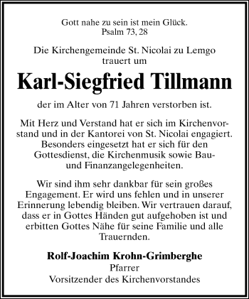 Anzeige  Karl-Siegfried  Tillmann  Lippische Landes-Zeitung