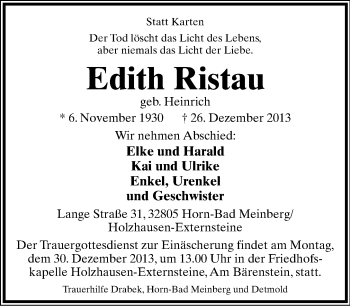 Anzeige  Edith Ristau  Lippische Landes-Zeitung